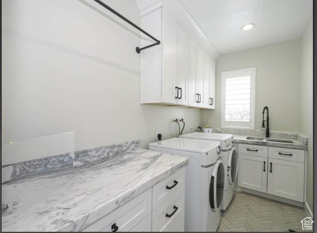 1146 W Jordan River Dr, South Jordan, UT 84095 - clothes washing area with washer and dryer, recessed lighting, cabinet space, and a sink