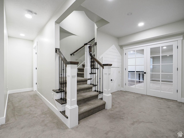 1146 W Jordan River Dr, South Jordan, UT 84095 - stairs featuring recessed lighting, french doors, baseboards, and carpet floors