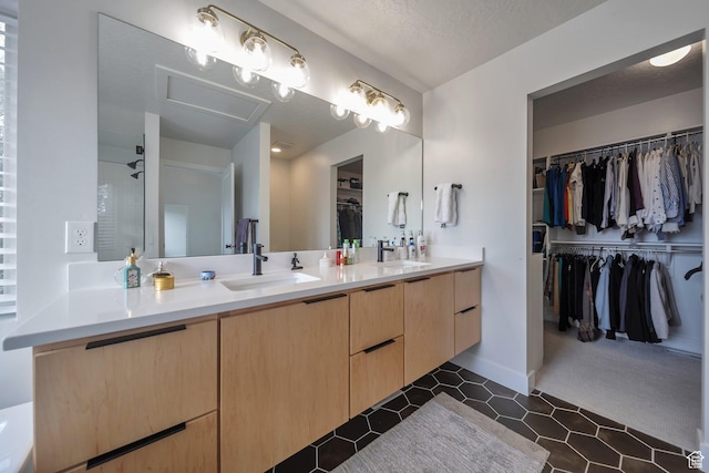 869 S Washington St Unit 101, Salt Lake City, UT 84101 - full bathroom with a sink, a walk in closet, a textured ceiling, and double vanity