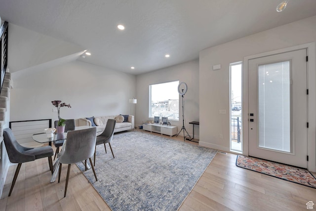 869 S Washington St Unit 101, Salt Lake City, UT 84101 - dining area with vaulted ceiling, light wood-style flooring, recessed lighting, and baseboards