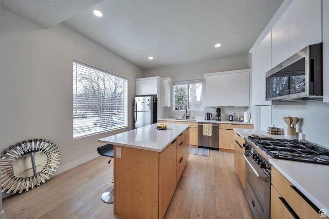869 S Washington St Unit 101, Salt Lake City, UT 84101 - kitchen with a sink, light wood-style floors, a kitchen island, and appliances with stainless steel finishes