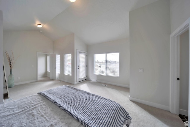 869 S Washington St Unit 101, Salt Lake City, UT 84101 - bedroom with baseboards, light carpet, lofted ceiling, and access to outside