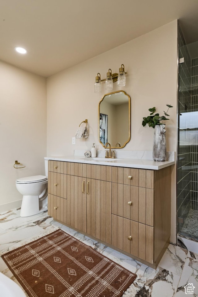 1444 E Sherman Ave, Salt Lake City, UT 84105 - full bath featuring a stall shower, toilet, vanity, marble finish floor, and recessed lighting