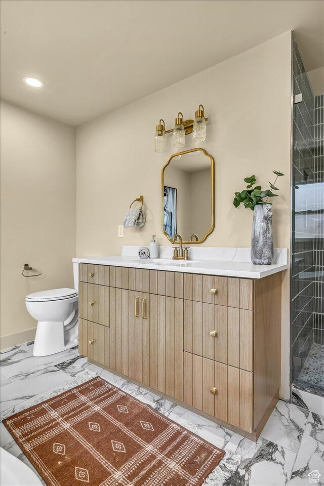 1444 E Sherman Ave, Salt Lake City, UT 84105 - bathroom featuring marble finish floor, toilet, recessed lighting, vanity, and a stall shower