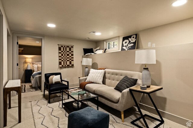 1444 E Sherman Ave, Salt Lake City, UT 84105 - living area with light carpet, baseboards, visible vents, and recessed lighting