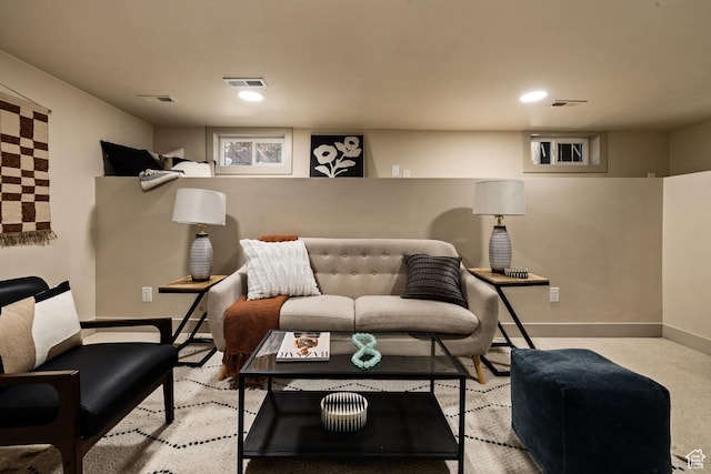 1444 E Sherman Ave, Salt Lake City, UT 84105 - carpeted living area with baseboards, visible vents, and recessed lighting