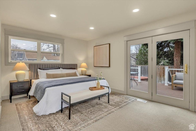 1662 E Browning Ave, Salt Lake City, UT 84105 - bedroom with access to exterior, recessed lighting, light colored carpet, and baseboards