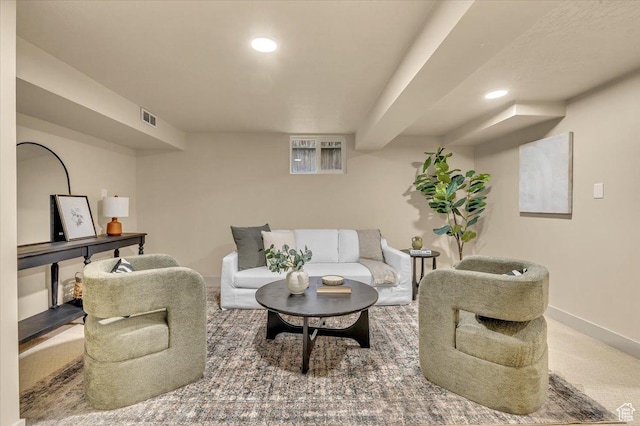 1662 E Browning Ave, Salt Lake City, UT 84105 - living area with visible vents, recessed lighting, baseboards, and carpet