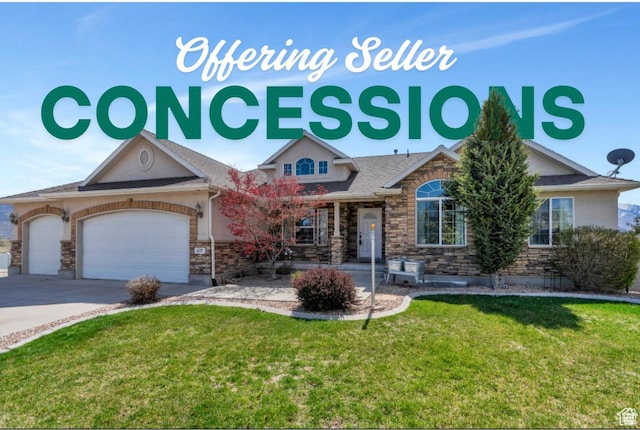 637 Little Rock Dr, Santaquin, UT 84655 - view of front of property featuring stone siding, a front lawn, an attached garage, concrete driveway, and stucco siding