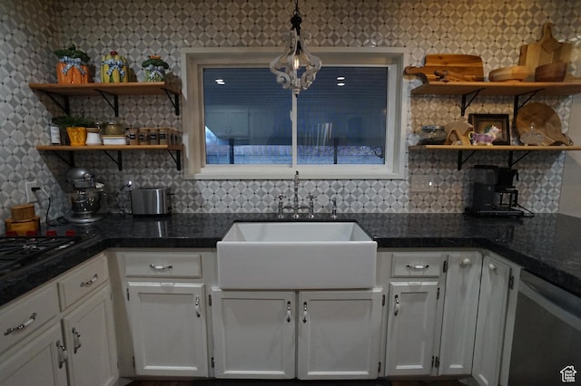 6835 S Larabrook Way, West Jordan, UT 84084 - kitchen with open shelves, decorative backsplash, a sink, and dishwasher