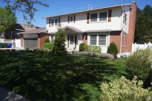 6835 S Larabrook Way, West Jordan, UT 84084 - traditional home with fence, brick siding, a garage, a front yard, and a chimney