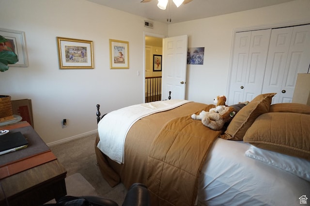 6835 S Larabrook Way, West Jordan, UT 84084 - carpeted bedroom featuring visible vents, a ceiling fan, baseboards, and a closet