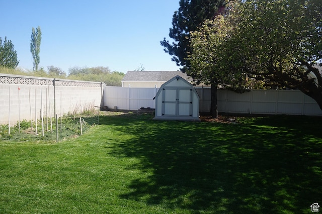 6835 S Larabrook Way, West Jordan, UT 84084 - view of yard featuring a fenced backyard, an outbuilding, a shed, and a vegetable garden