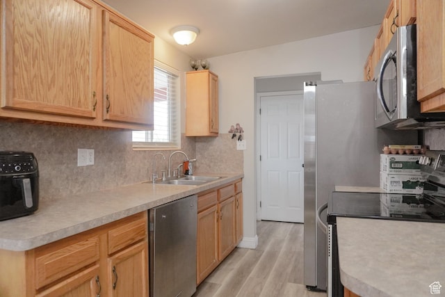 1993 W 4200 S, Roy, UT 84067 - kitchen featuring light wood finished floors, a sink, light brown cabinetry, light countertops, and stainless steel appliances