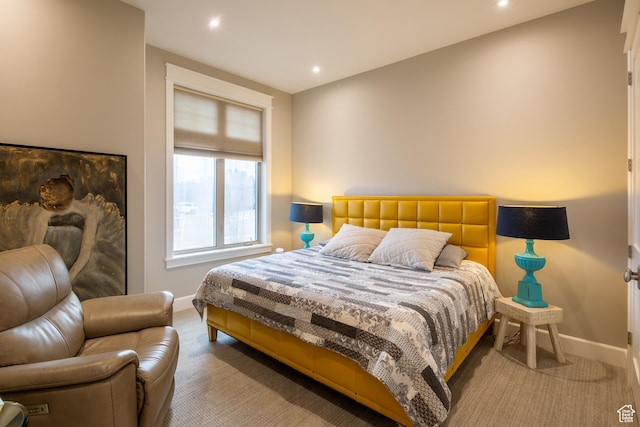 bedroom with recessed lighting, baseboards, and carpet flooring