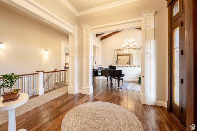 corridor with a notable chandelier, ornamental molding, dark wood-style flooring, decorative columns, and vaulted ceiling with beams