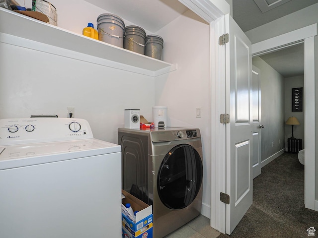 3765 E Cunninghill Dr, Eagle Mountain, UT 84005 - clothes washing area with laundry area, carpet flooring, baseboards, and washing machine and clothes dryer