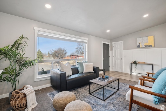 118 N Iowa Ave, Ogden, UT 84404 - living room featuring wood finished floors, recessed lighting, wainscoting, a decorative wall, and vaulted ceiling