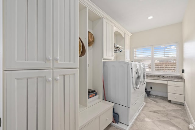 5798 W 11350 N, Highland, UT 84003 - laundry area featuring cabinet space, washer and clothes dryer, and recessed lighting
