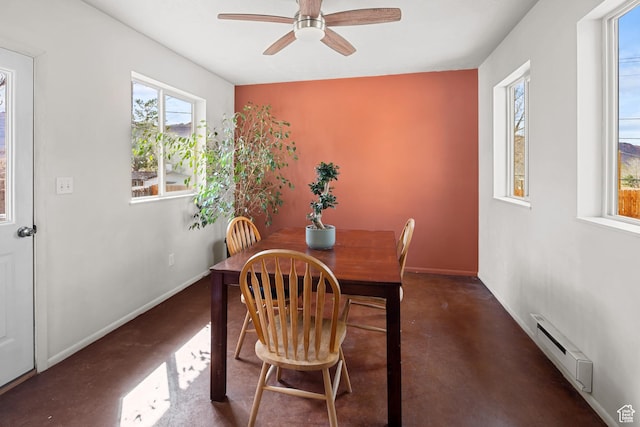 252 Hillside Dr, Moab, UT 84532 - dining area with baseboard heating, ceiling fan, concrete flooring, and baseboards