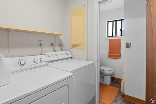 252 Hillside Dr, Moab, UT 84532 - laundry room with electric panel, laundry area, baseboards, and separate washer and dryer