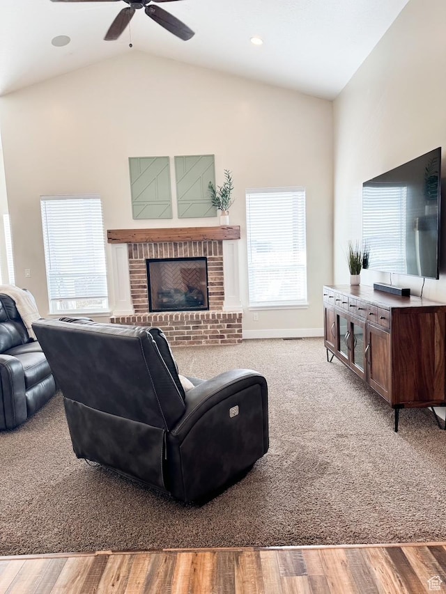 5517 S 6800 W, Hooper, UT 84315 - living area with a ceiling fan, vaulted ceiling, a brick fireplace, and wood finished floors