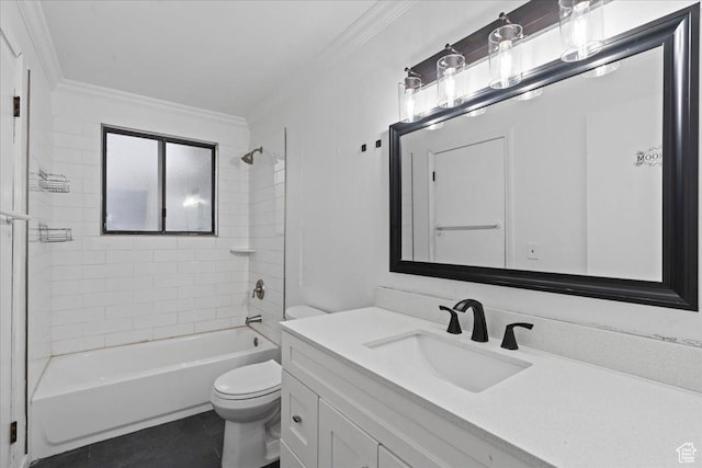 bathroom with vanity, bathing tub / shower combination, toilet, and ornamental molding
