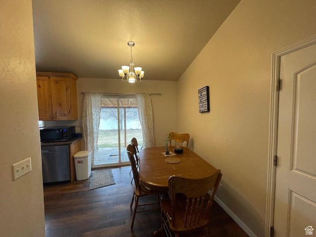 763 S 1500 W, Logan, UT 84321 - dining area featuring baseboards, lofted ceiling, dark wood-type flooring, and an inviting chandelier