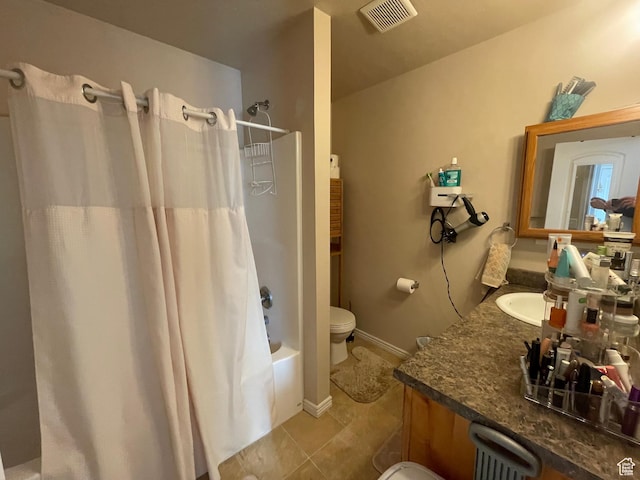 763 S 1500 W, Logan, UT 84321 - bathroom with tile patterned flooring, visible vents, toilet, shower / tub combo with curtain, and vanity