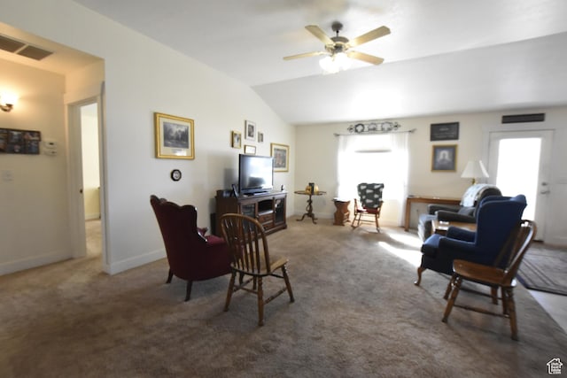 342 S 1250 E, Hyrum, UT 84319 - living room featuring carpet, baseboards, a ceiling fan, and vaulted ceiling