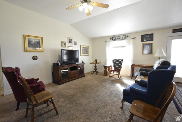 342 S 1250 E, Hyrum, UT 84319 - carpeted living room featuring lofted ceiling, a ceiling fan, and baseboards