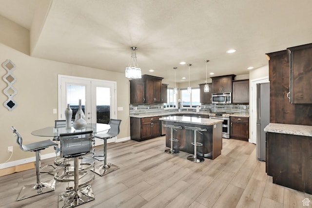 kitchen with decorative backsplash, dark brown cabinets, a kitchen island, and stainless steel appliances