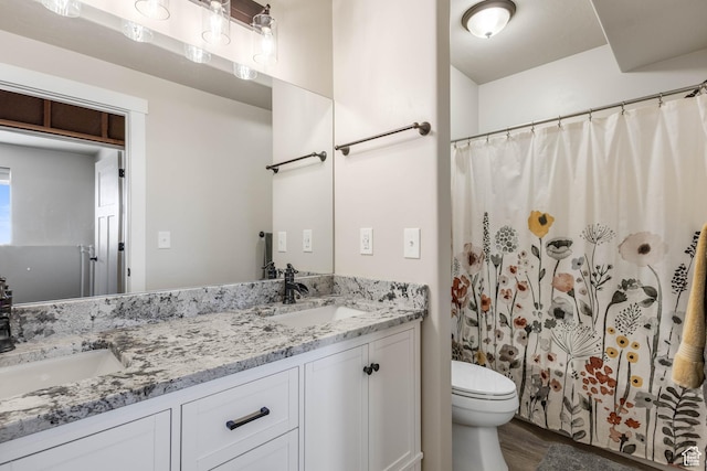 2409 W Rim Rock Dr, Stockton, UT 84071 - bathroom with a sink, toilet, wood finished floors, and double vanity