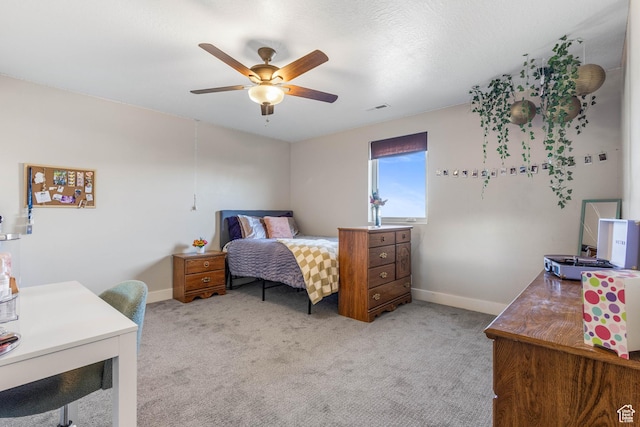 2409 W Rim Rock Dr, Stockton, UT 84071 - bedroom featuring visible vents, light carpet, baseboards, and ceiling fan