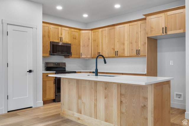 6317 W Cape Ridge Ln, West Valley City, UT 84128 - kitchen featuring a center island with sink, light countertops, light wood-style flooring, appliances with stainless steel finishes, and a sink