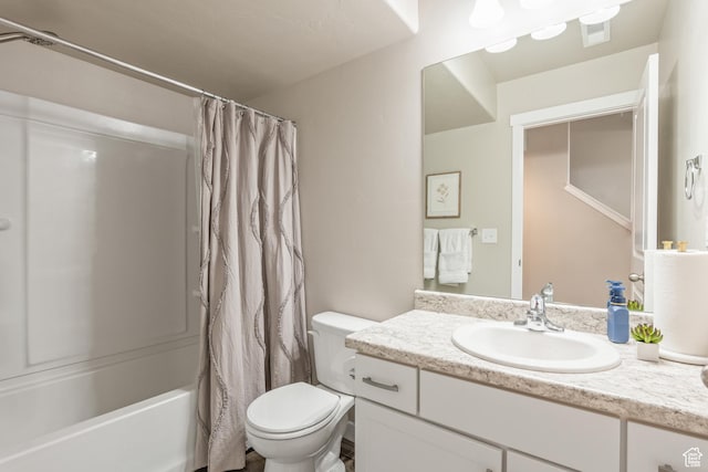 full bath featuring vanity, shower / bath combo, and toilet