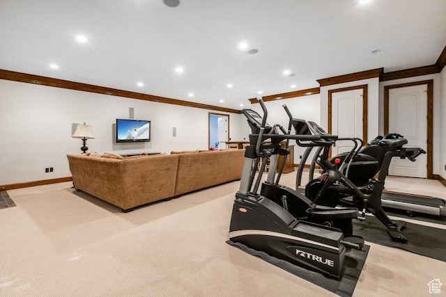 exercise area with recessed lighting, baseboards, light colored carpet, and crown molding