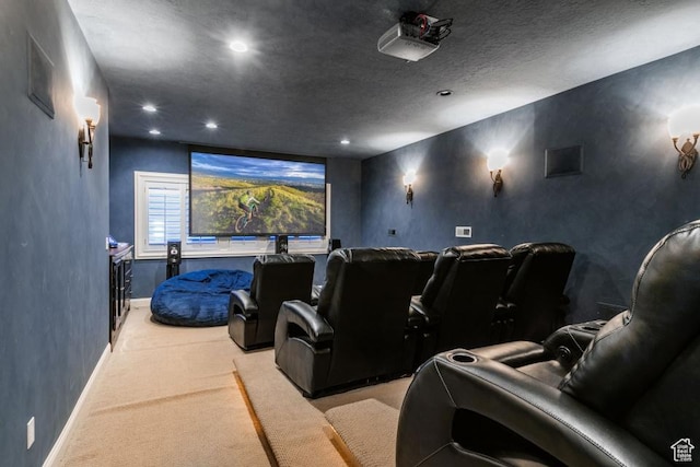 cinema with carpet flooring, recessed lighting, a textured ceiling, and baseboards