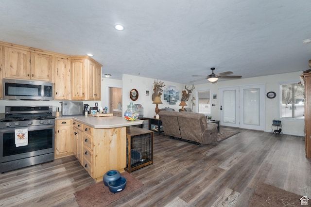 2922 S 500 E, Vernal, UT 84078 - kitchen featuring appliances with stainless steel finishes, a peninsula, light brown cabinetry, a ceiling fan, and dark wood-type flooring