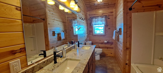 5085 Trumpeter, Island Park, ID 83429 - bathroom with toilet, wooden ceiling, wood walls, vanity, and vaulted ceiling