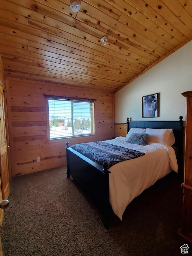 5085 Trumpeter, Island Park, ID 83429 - carpeted bedroom featuring wood walls, wood ceiling, and lofted ceiling