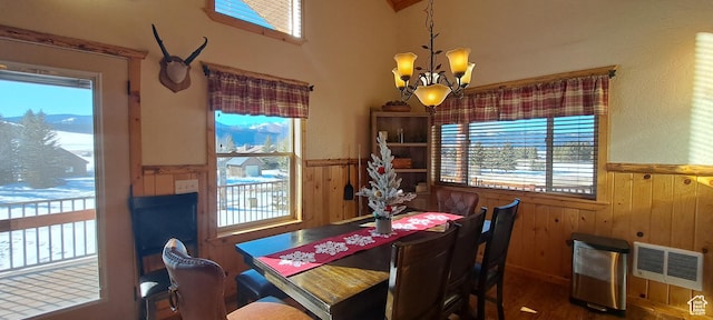 5085 Trumpeter, Island Park, ID 83429 - dining area with a chandelier, wainscoting, wood walls, and a healthy amount of sunlight