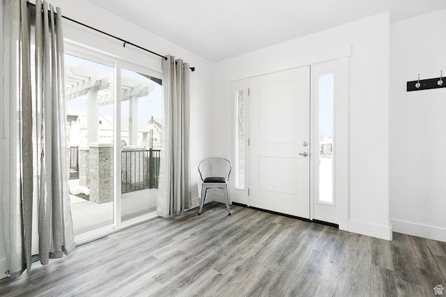 foyer featuring baseboards and wood finished floors