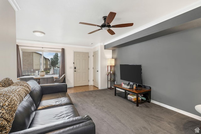 856 E Cedar Pine Ct Unit 21, Salt Lake City, UT 84106 - carpeted living area with tile patterned floors, baseboards, ceiling fan, and crown molding