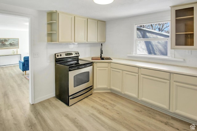 1278 E 22nd St S, Ogden, UT 84401 - kitchen with a sink, electric range, open shelves, and light wood-style floors