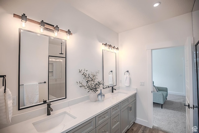 bathroom with double vanity, baseboards, wood finished floors, and a sink