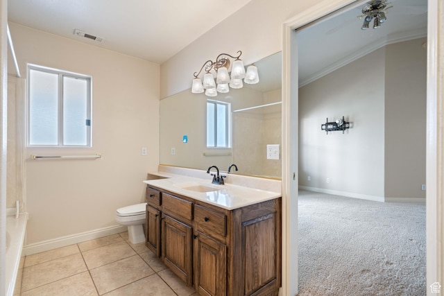 full bathroom with vanity, toilet, baseboards, and visible vents
