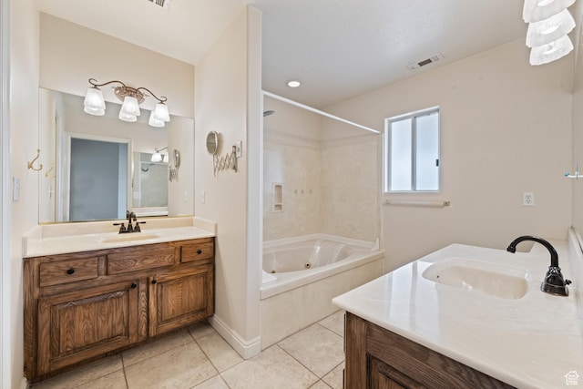 bathroom with tile patterned flooring, a combined bath / shower with jetted tub, two vanities, and a sink