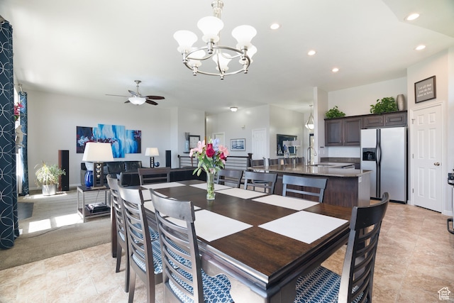 2581 W 2675 N, Farr West, UT 84404 - dining space with recessed lighting, ceiling fan with notable chandelier, and light tile patterned flooring