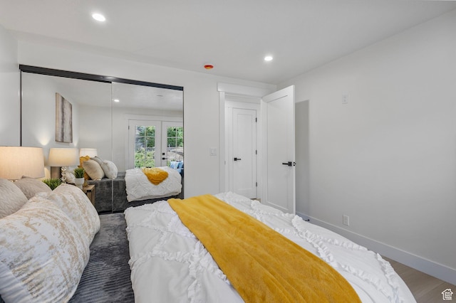 2605 E Portsmouth Ave S, Cottonwood Heights, UT 84121 - bedroom featuring baseboards, recessed lighting, french doors, wood finished floors, and a closet